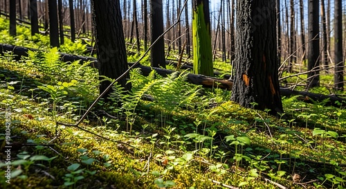 Sunlight filters through forest undergrowth.