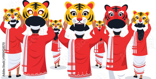 People in traditional attire holding up vibrant tiger masks during a cultural performance or festival, seen from behind.