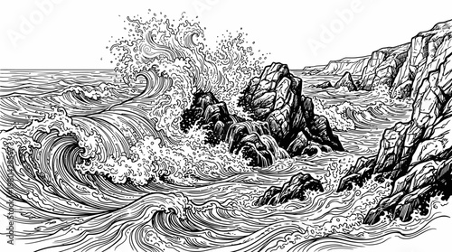 Powerful ocean waves crashing against rugged coastal rocks.