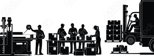 Logistics and supply chain operations a black and white silhouette depicting workers and forklifts in action