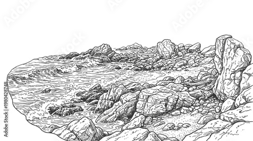 Detailed Ink Drawing of a Rocky Seascape with Crashing Waves.