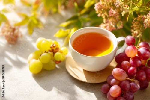 Delicate Autumn Composition with Tea, Grapes, and Petals in Natural Light