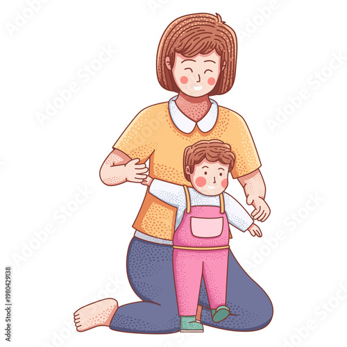A happy mother lovingly supporting her toddler as the child takes their first hesitant steps, illustrating a tender moment of learning and bonding.