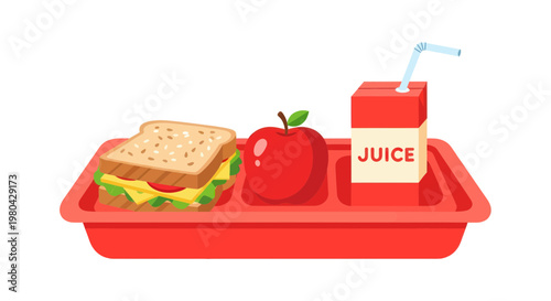 School Lunch Tray with Sandwich, Apple, and Juice Box - Healthy Meal Concept