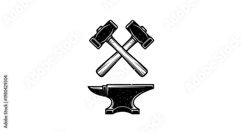 Blacksmith anvil and crossed hammers icon, grunge texture, vintage workshop symbol.