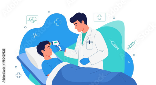 Doctor checks patient's temperature with infrared thermometer in hospital room, medical checkup concept