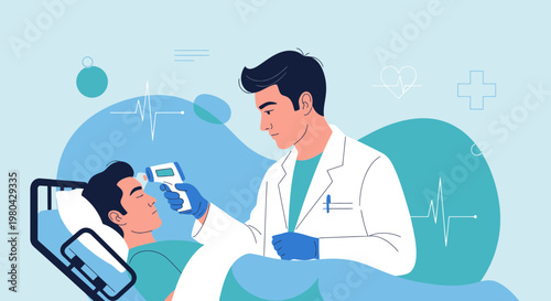 Doctor checks patient's temperature with infrared thermometer in hospital room, medical checkup concept