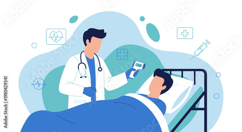 Doctor checks patient's temperature with infrared thermometer in hospital room, medical checkup