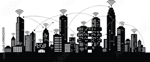 Futuristic smart city network a black and white illustration of connected skyscrapers and wireless communication towers