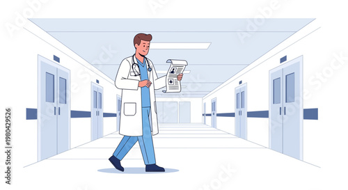 Doctor walking down hospital corridor holding medical chart