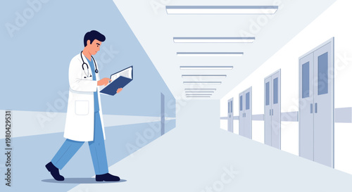 Doctor walking down hospital corridor with medical chart