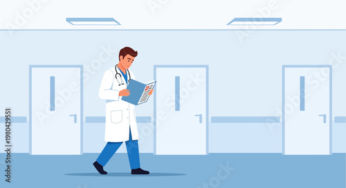 Doctor walking in hospital corridor reading medical chart