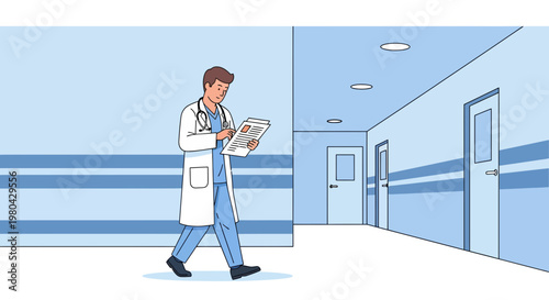Doctor walking in hospital corridor reading medical chart