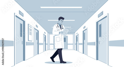 Doctor walking in hospital corridor checking medical chart, healthcare concept