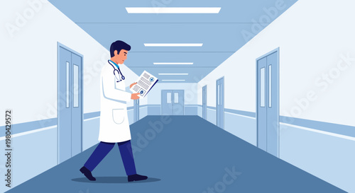 Doctor walking in hospital corridor with medical chart, healthcare concept