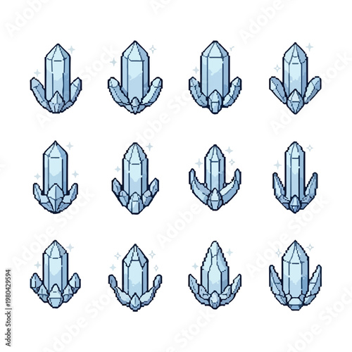 A collection of twelve stylized pixel art ice crystal icons with varying shapes and sparkling accents on a white background.