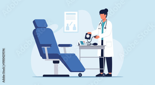 Doctor with blood pressure monitor in examination room, medical equipment and chair