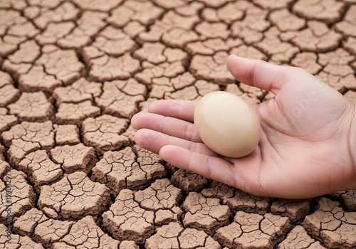 Hand holding a single egg over cracked dry earth representing hope and survival
