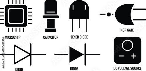 Illustration set featuring essential electronic components and circuit diagram symbols in a clean, black and white minimalist style.