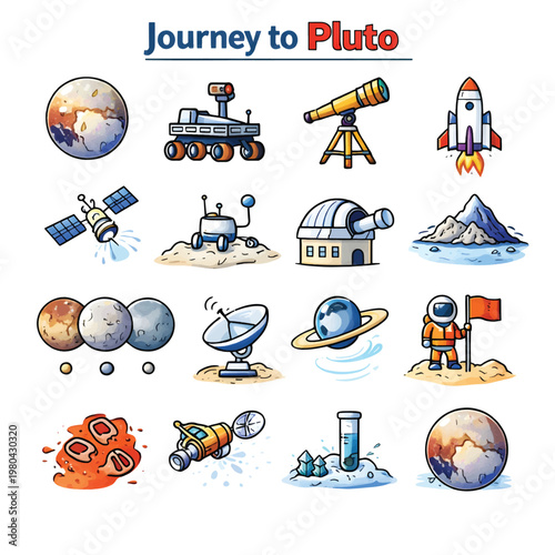Journey to Pluto Concept Illustration, Distant Dwarf Planet Exploration, Cosmic Space Travel Vector Design