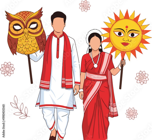 Illustration of a couple in traditional attire holding an owl and sun prop, surrounded by floral motifs, representing cultural celebration.