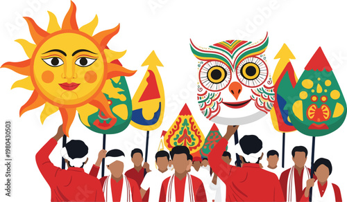 People participating in a vibrant cultural procession, holding large traditional sun and owl masks and colorful banners.