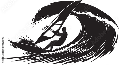 Silhouette of Windsurfer Riding Big Ocean Wave