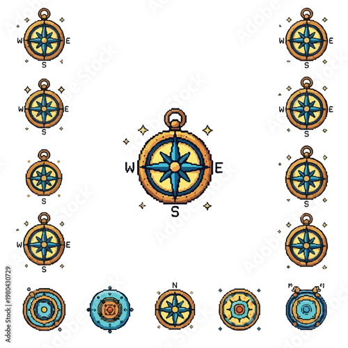 This vector illustration features a collection of stylized compass icons in various designs, showcasing cardinal directions in a cartoon style.
