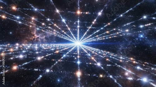 Abstract digital grid tunnel through dark space with glowing light data points extending towards a bright central star, motion video.