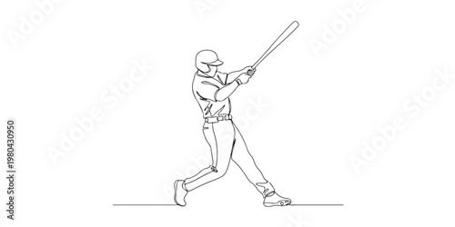 Minimalist baseball hitter athlete performing a powerful swing line drawing.