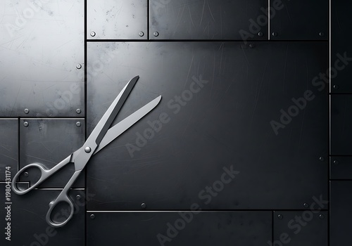 Silver Scissors on Scratched Dark Industrial Metal Background with Copy Space