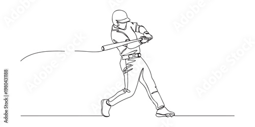 One line art of baseball player swinging bat in a dynamic pose. vector illustration 