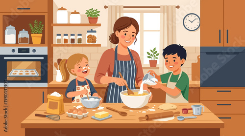 Family baking together in kitchen.