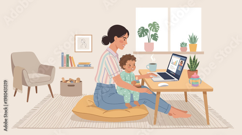 Mother and child on laptop computer.
