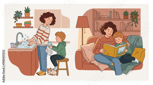 Mother and children in living room.