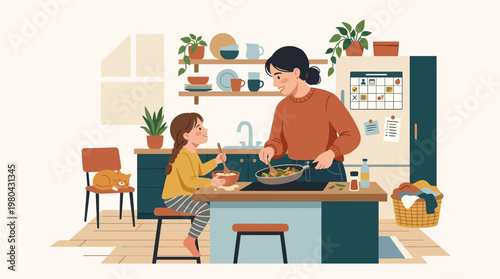 Woman and child baking cookies.