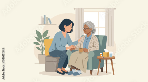 Two women sitting and talking indoors.