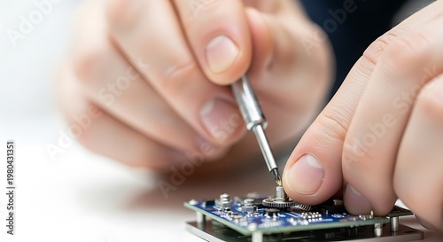 Technician hands repairing microchip on electronic circuit board using precision screwdriver