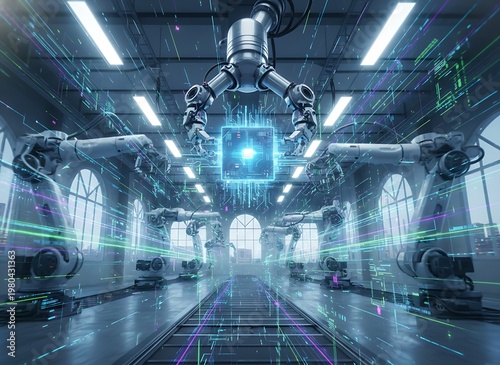 Robotic arm with gripper lifts component in automated smart factory. Digital light streams across industrial facility with multiple systems in advanced manufacturing environment. Futuristic Industrial