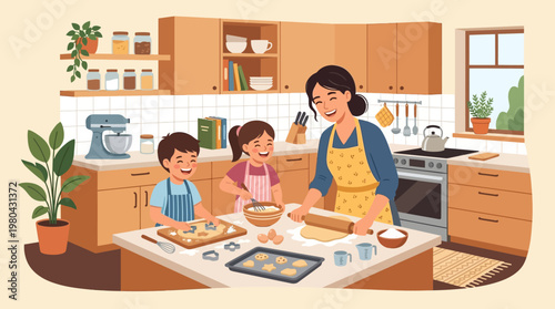 Woman and kids baking cookies together.