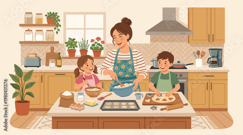 Woman and kids baking cookies together.