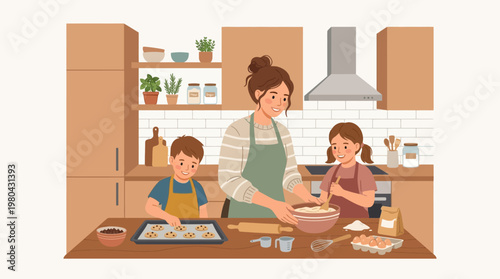Woman and kids baking together indoors.