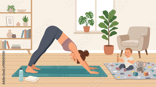 Woman doing downward facing dog yoga.