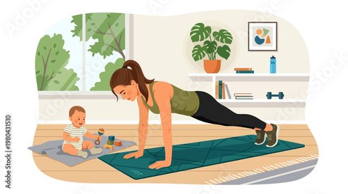 Woman doing push up exercise at home.