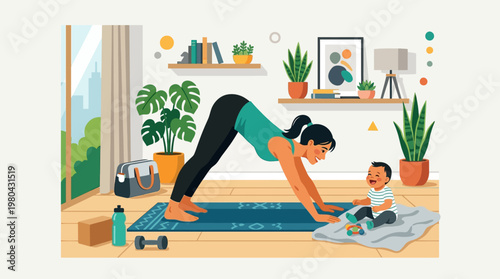 Woman doing yoga with little boy.