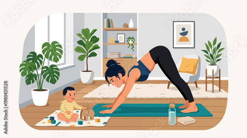 Woman doing yoga with baby nearby.