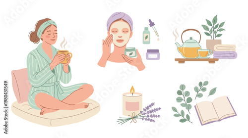 Woman in bathrobe and headband relaxing.