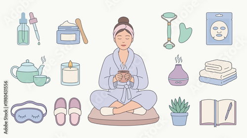 Woman in bathrobe meditating with tea.