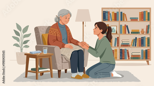 Woman helping senior with paperwork.