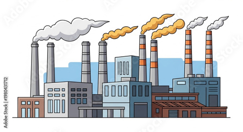 Industrial factory with multiple chimneys emitting smoke and steam.